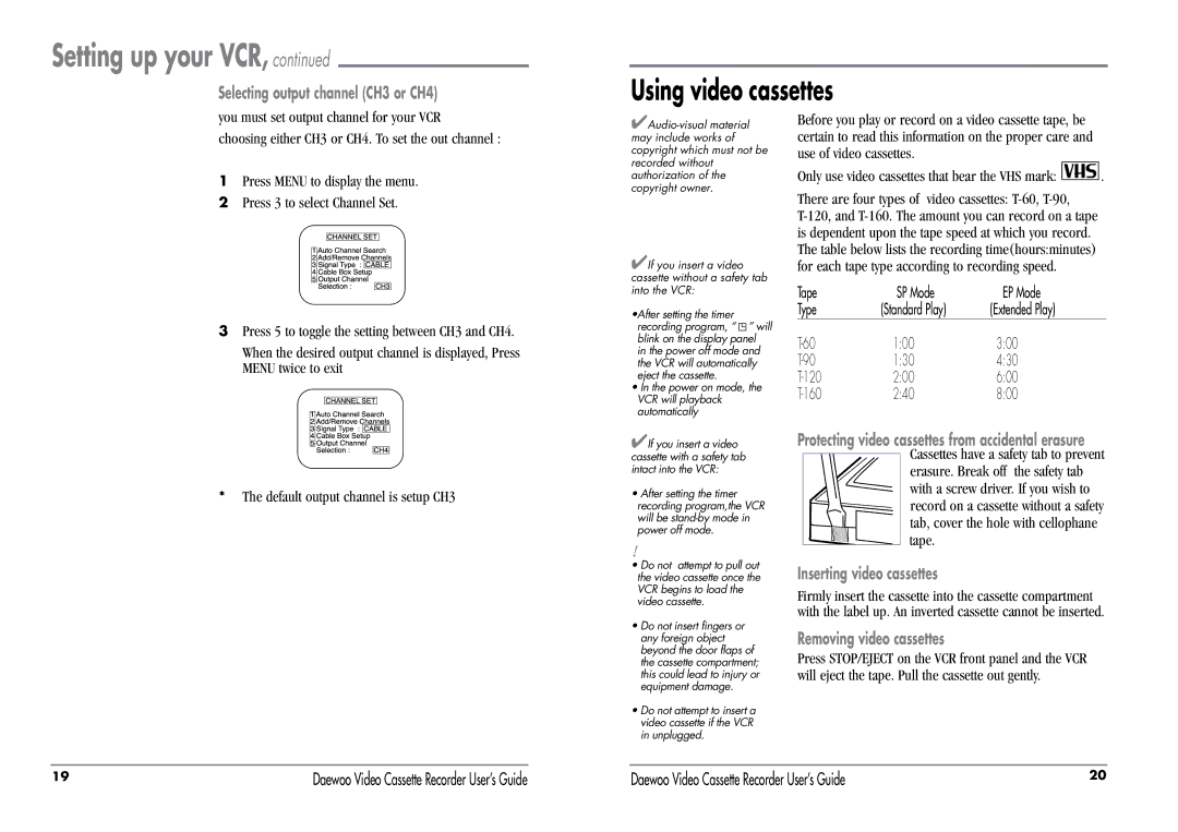 Daewoo DV-T87N manual Using video cassettes 