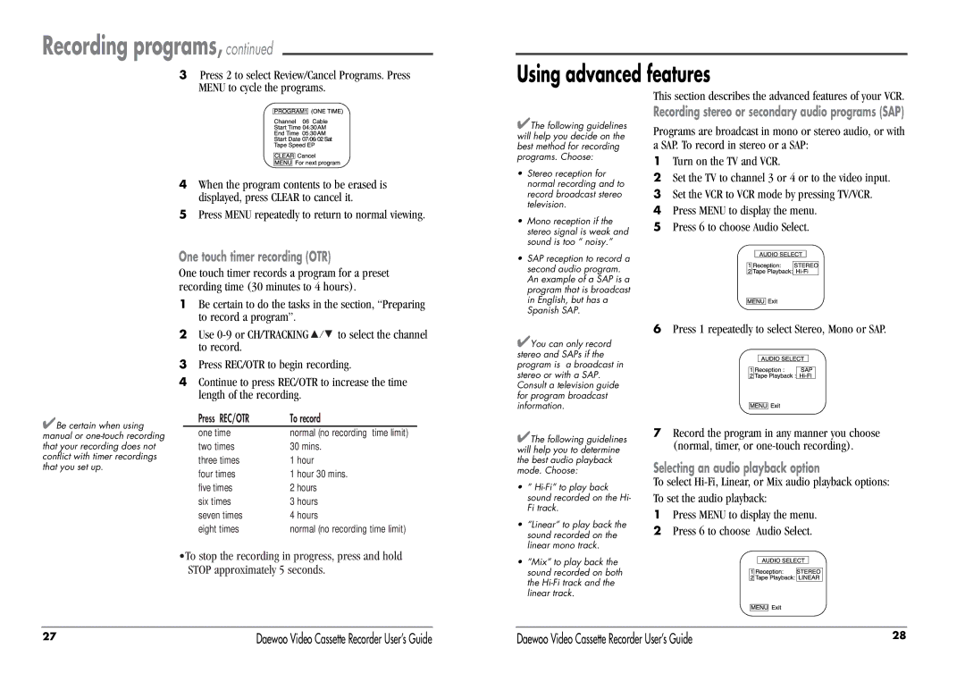 Daewoo DV-T87N Using advanced features, When the program contents to be erased is, Displayed, press Clear to cancel it 