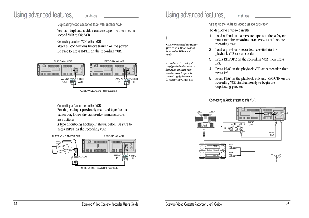 Daewoo DV-T87N manual Duplicating video cassettes tape with another VCR 