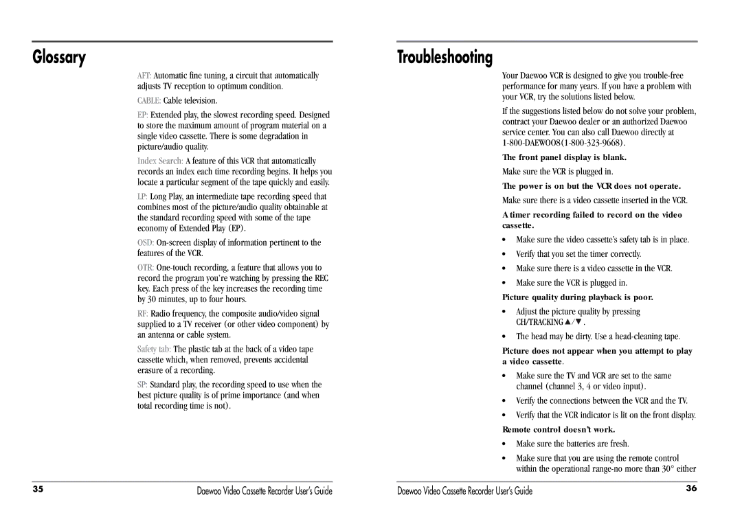 Daewoo DV-T87N manual Glossary, Troubleshooting 