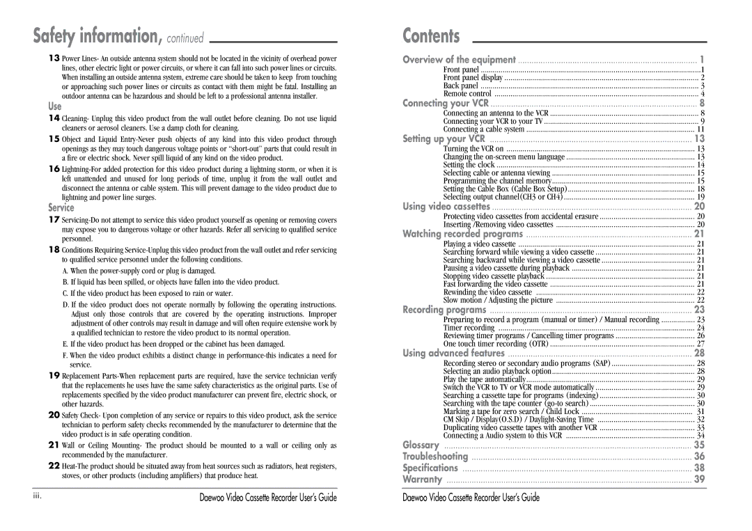 Daewoo DV-T87N manual Contents 