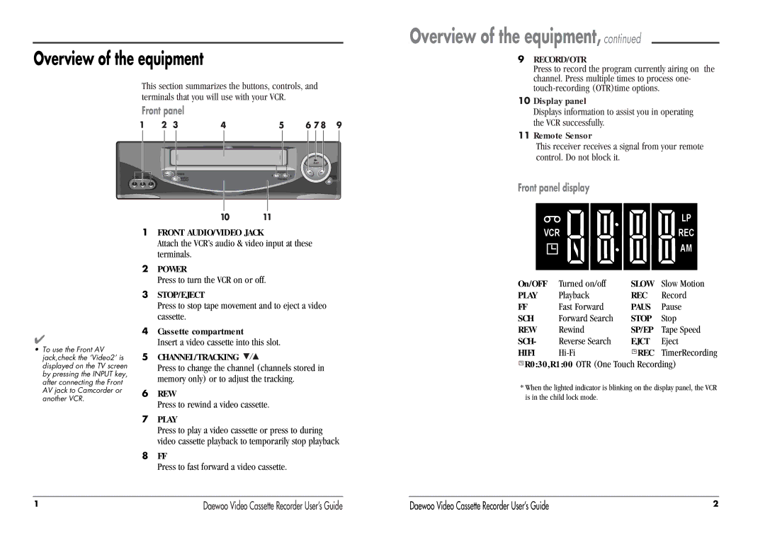 Daewoo DV-T87N manual Overview of the equipment 