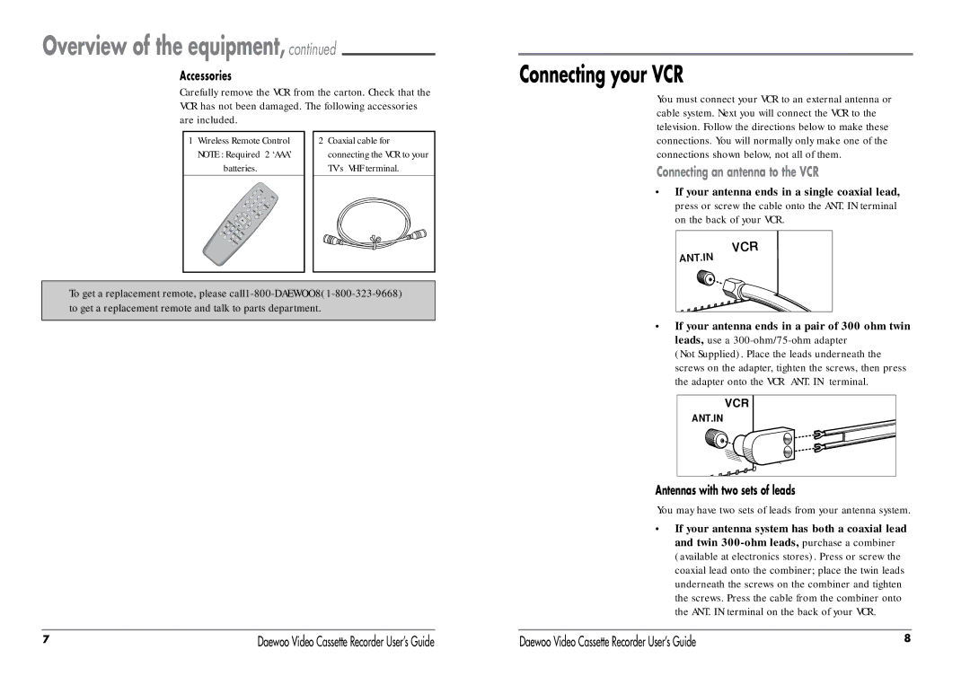 Daewoo DV-T87N manual Connecting your VCR, You may have two sets of leads from your antenna system 