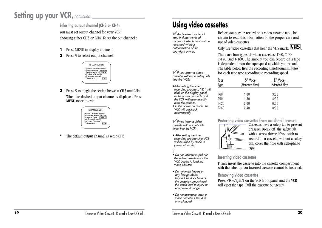 Daewoo DV-T8DN manual Using video cassettes 