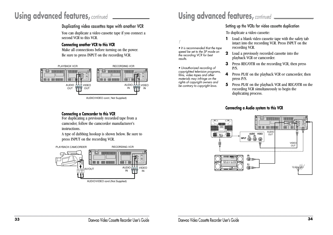 Daewoo DV-T8DN manual Duplicating video cassettes tape with another VCR 