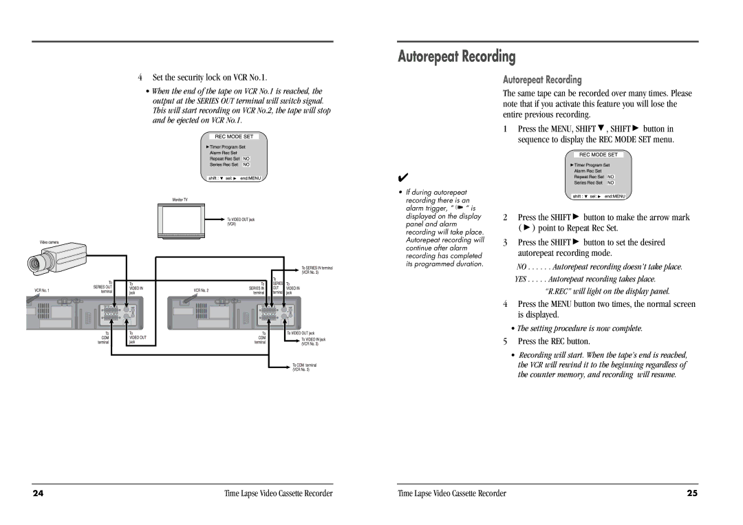 Daewoo DV3K683DZ-SD manual Autorepeat Recording, Set the security lock on VCR No.1 