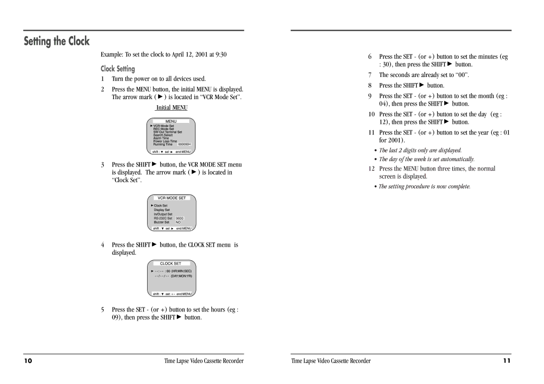 Daewoo DV3K683DZ-SD manual Setting the Clock, Example To set the clock to April 12, 2001 at 