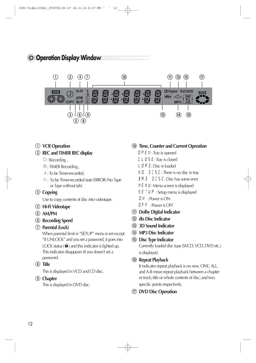 Daewoo DV6T811N owner manual Operation Display Window 