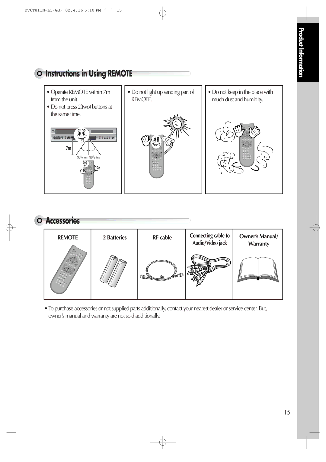 Daewoo DV6T811N owner manual Instructions in Using Remote, Accessories, Batteries RF cable, Warranty, Audio/Video jack 