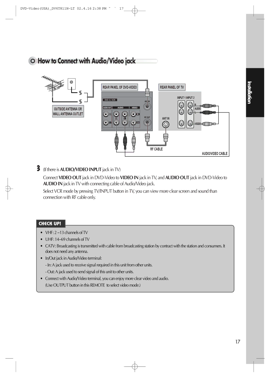 Daewoo DV6T811N owner manual How to Connect with Audio/Video jack, Check UP 