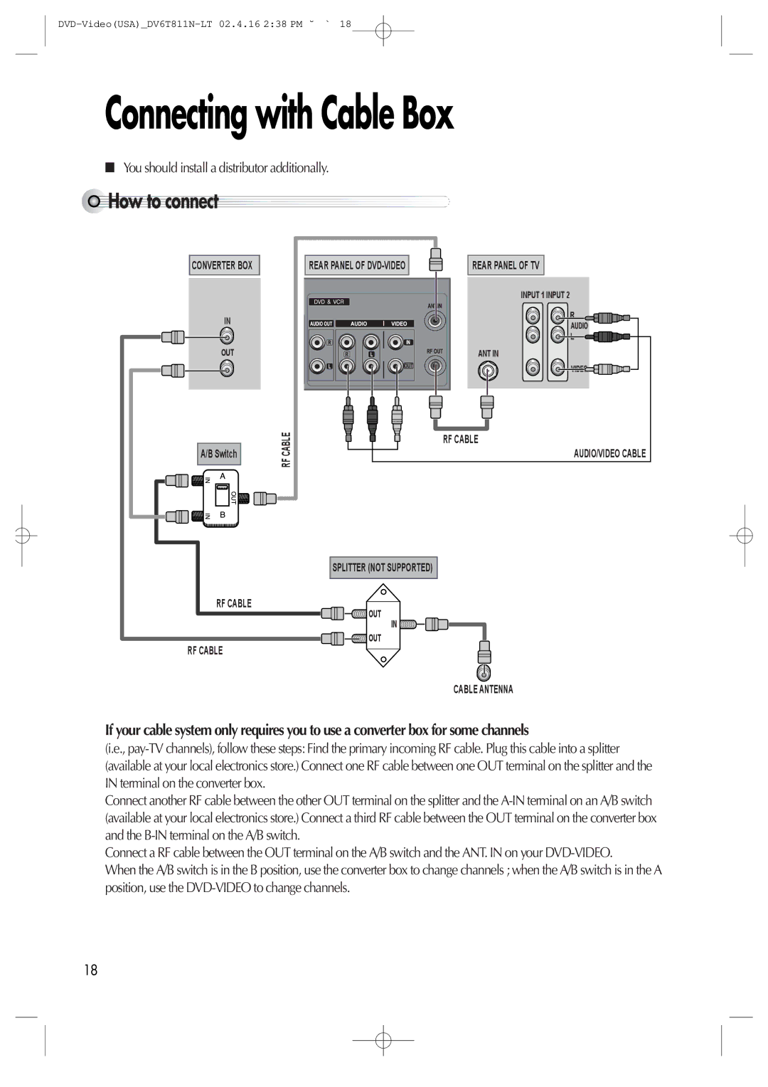 Daewoo DV6T811N owner manual Connecting with Cable Box, How to connect, You should install a distributor additionally 