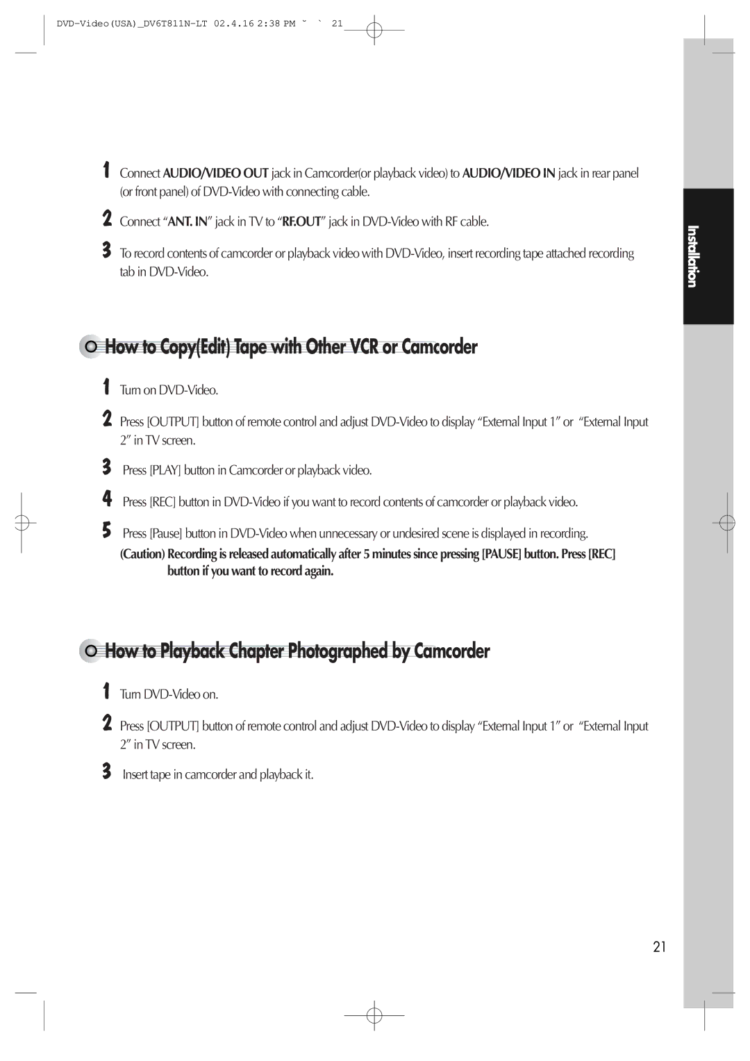 Daewoo DV6T811N How to CopyEdit Tape with Other VCR or Camcorder, How to Playback Chapter Photographed by Camcorder 