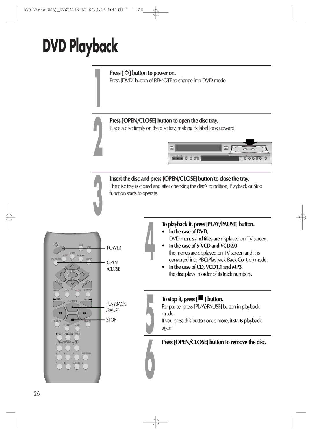 Daewoo DV6T811N owner manual DVD Playback, Button to power on, Press OPEN/CLOSE button to open the disc tray 