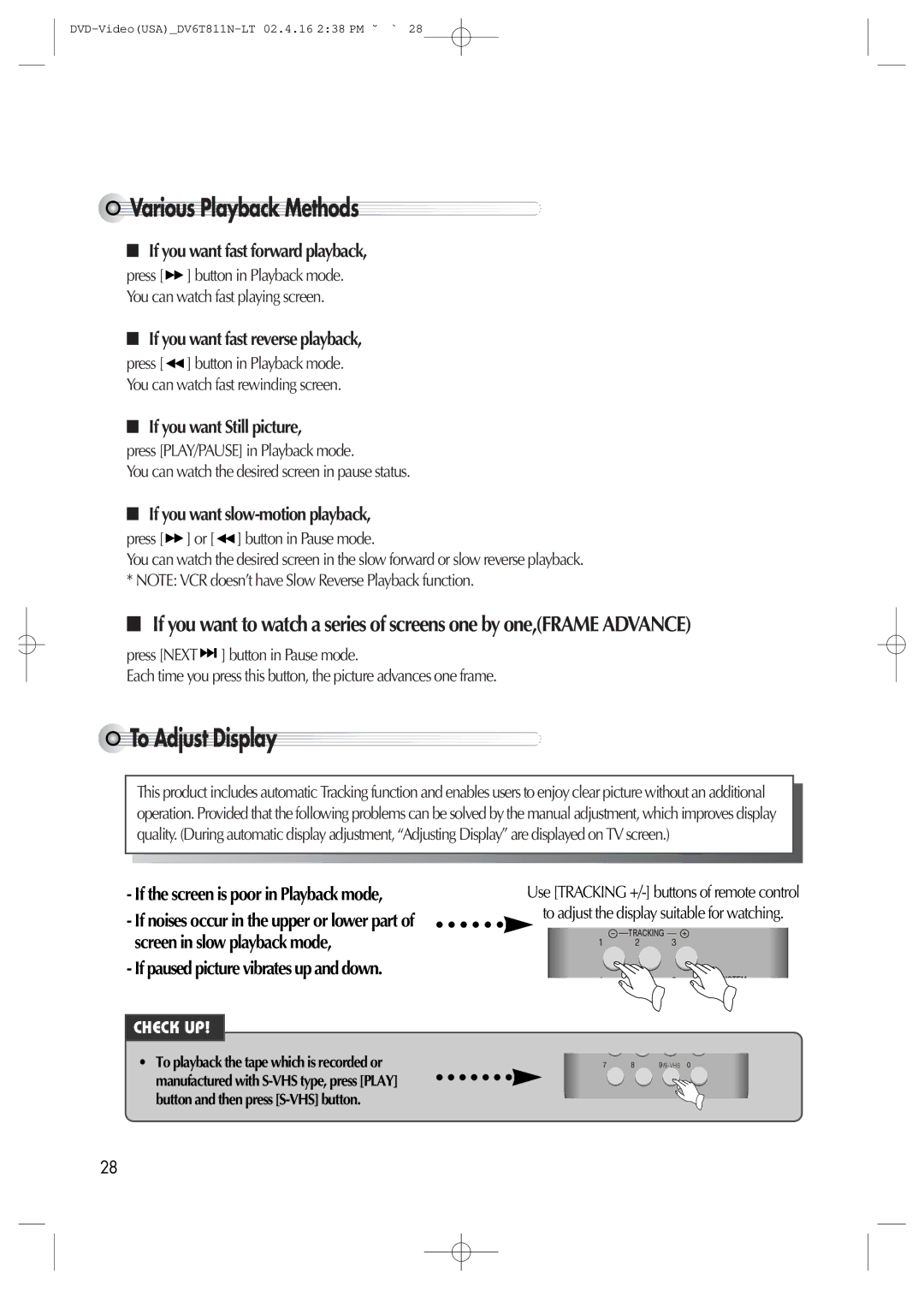 Daewoo DV6T811N owner manual Various Playback Methods, To Adjust Display 