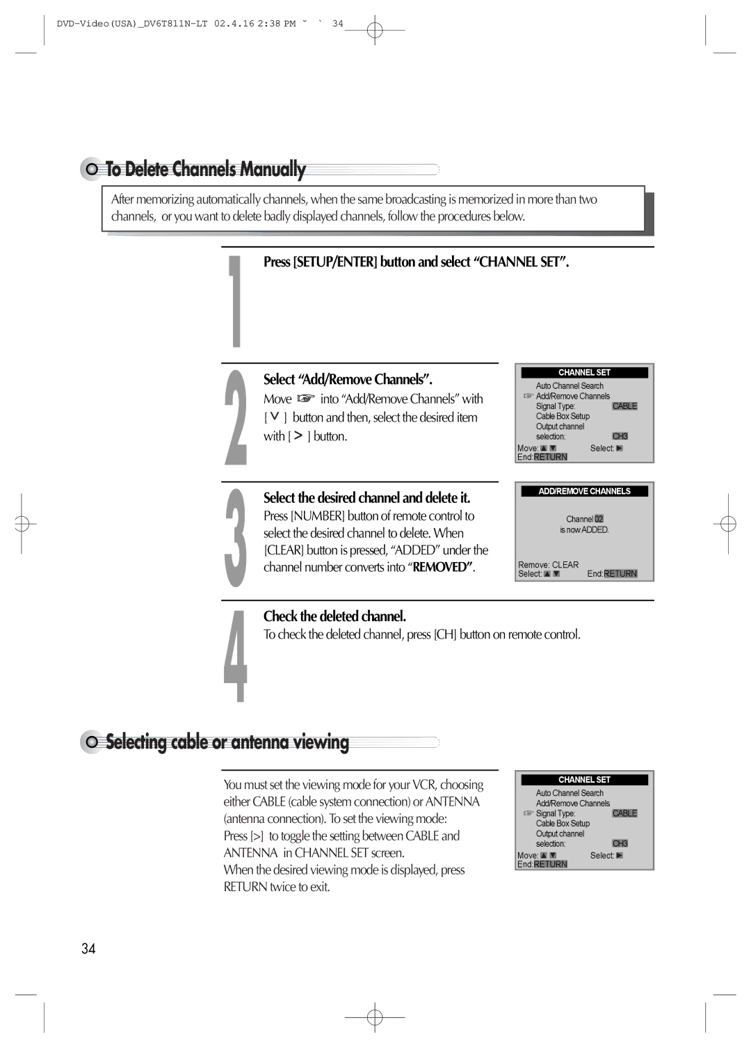 Daewoo DV6T811N owner manual To Delete Channels Manually, Selecting cable or antenna viewing, Check the deleted channel 