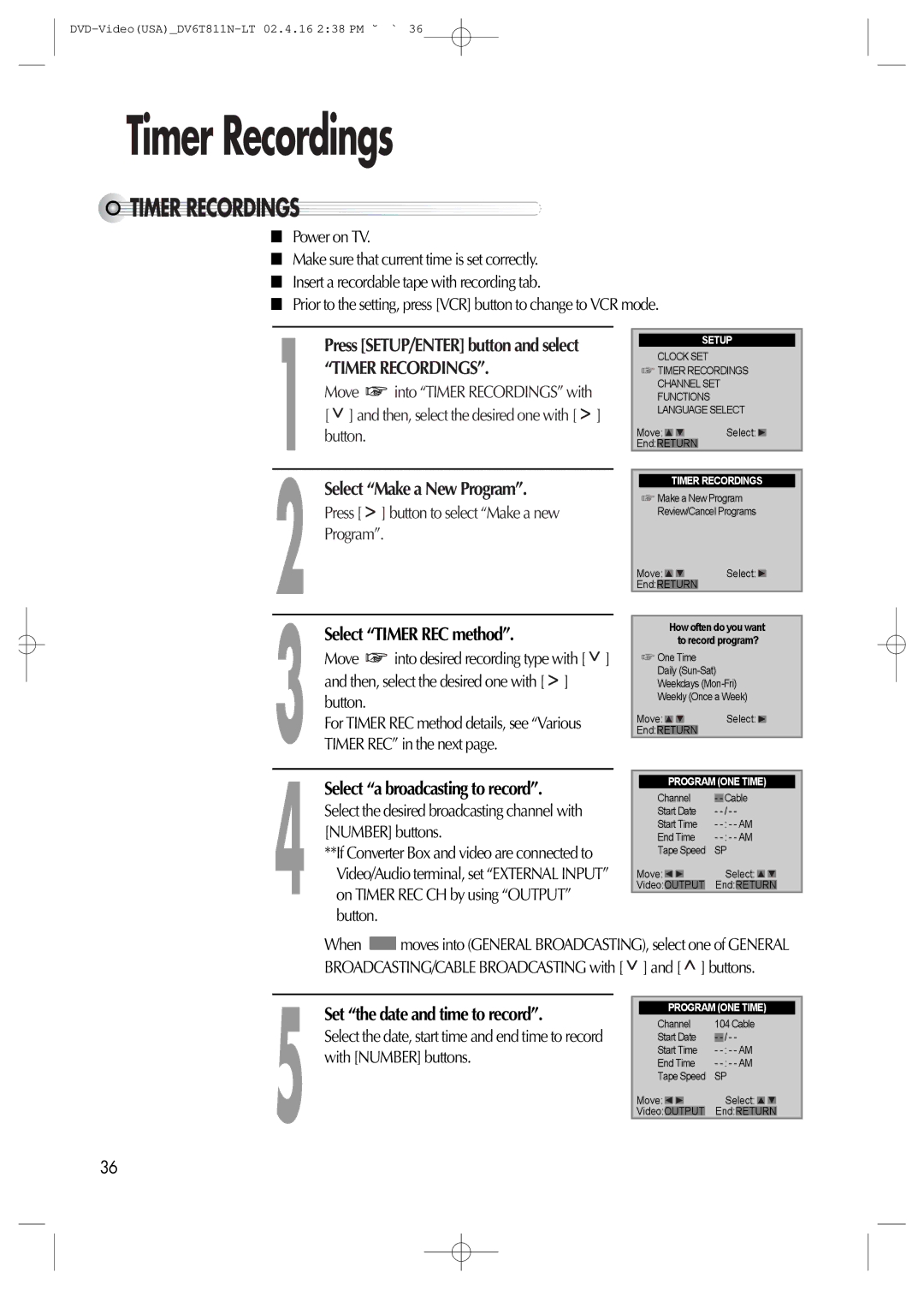 Daewoo DV6T811N owner manual Timer Recordings, Select Make a New Program, Select Timer REC method 