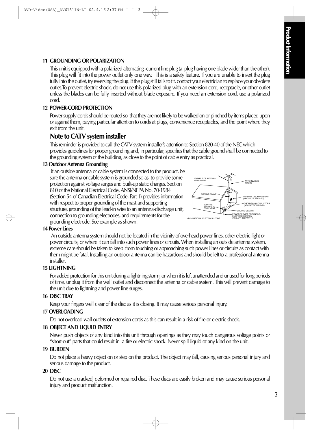 Daewoo DV6T811N owner manual Outdoor Antenna Grounding, Power Lines 