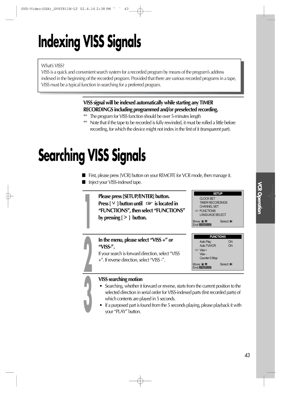 Daewoo DV6T811N owner manual Indexing Viss Signals, Searching Viss Signals, Press button until 