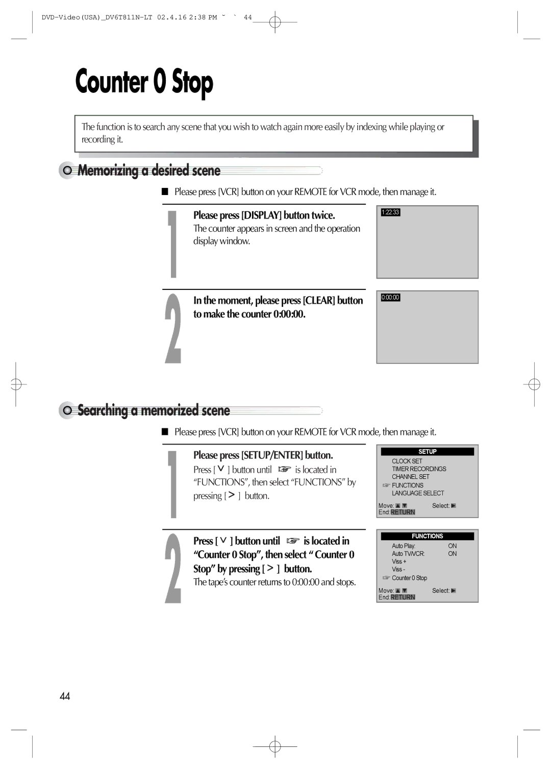 Daewoo DV6T811N Counter 0 Stop, Memorizing a desired scene, Searching a memorized scene, Stop by pressing button 