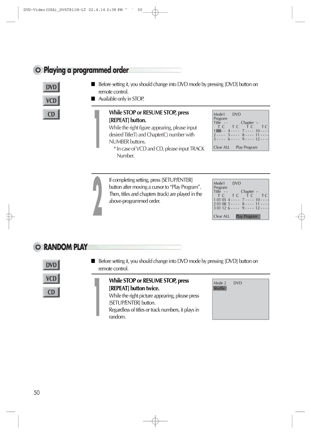 Daewoo DV6T811N owner manual Playing a programmed order, Random Play, Repeat button, Number 