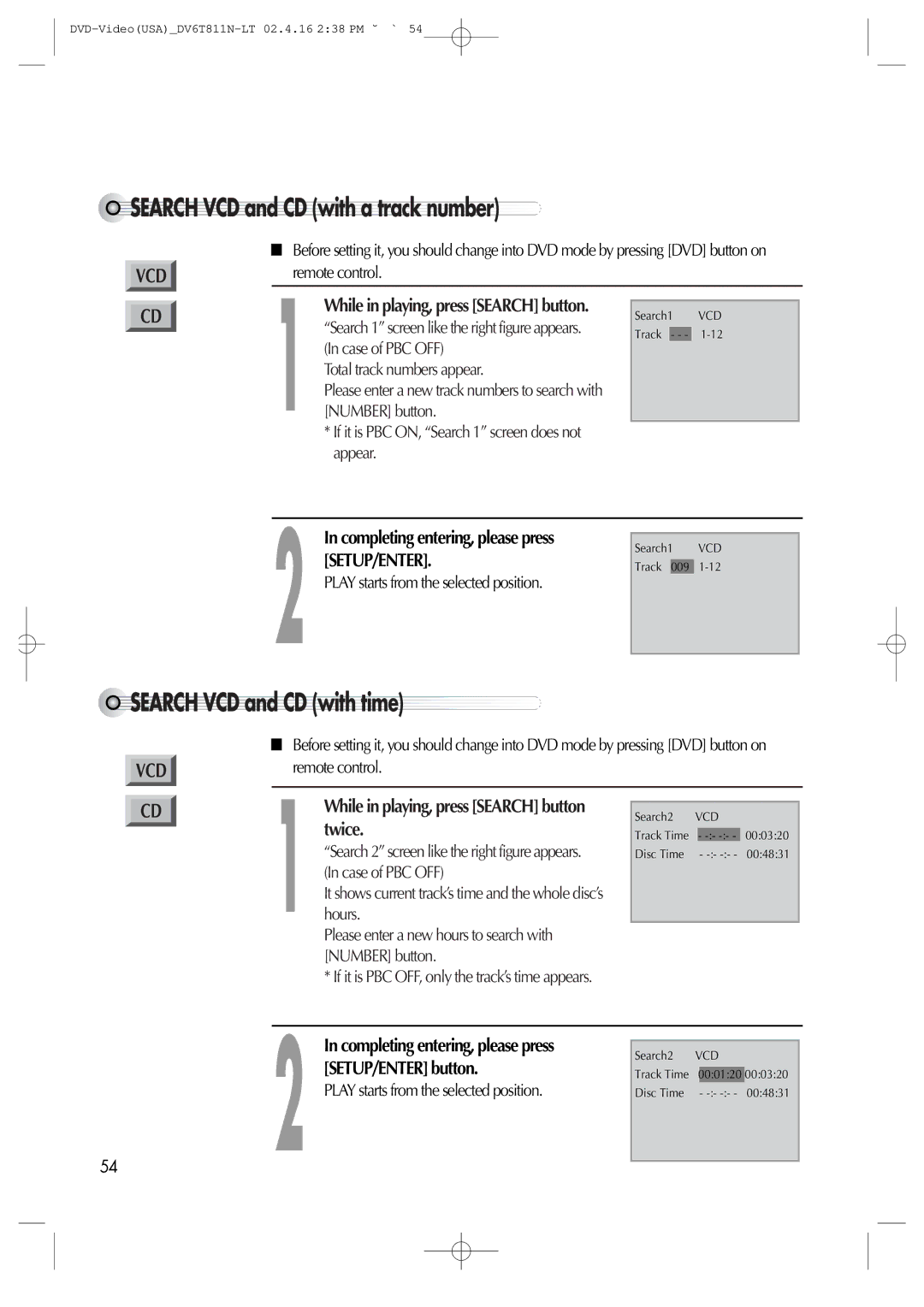 Daewoo DV6T811N owner manual Search VCD and CD with a track number, Search VCD and CD with time 