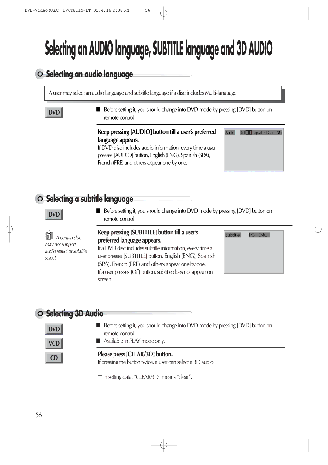 Daewoo DV6T811N owner manual Selecting an audio language, Selecting a subtitle language, Selecting 3D Audio 
