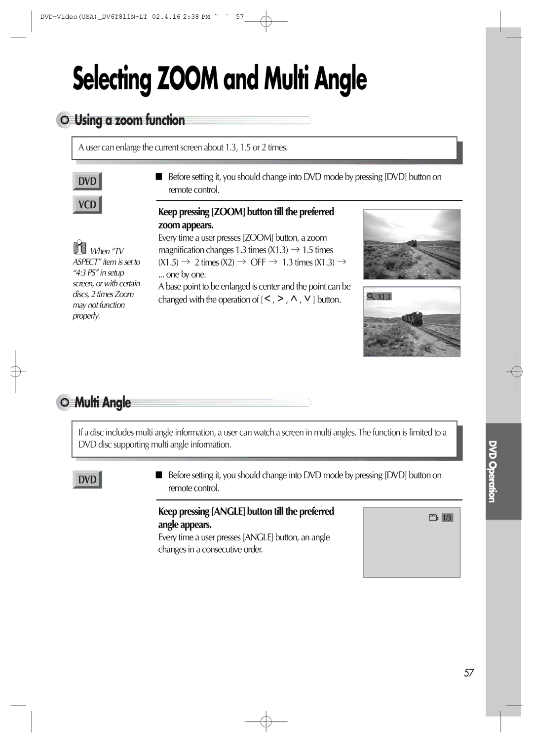 Daewoo DV6T811N owner manual Using a zoom function, Multi Angle, Keep pressing Zoom button till the preferred zoom appears 