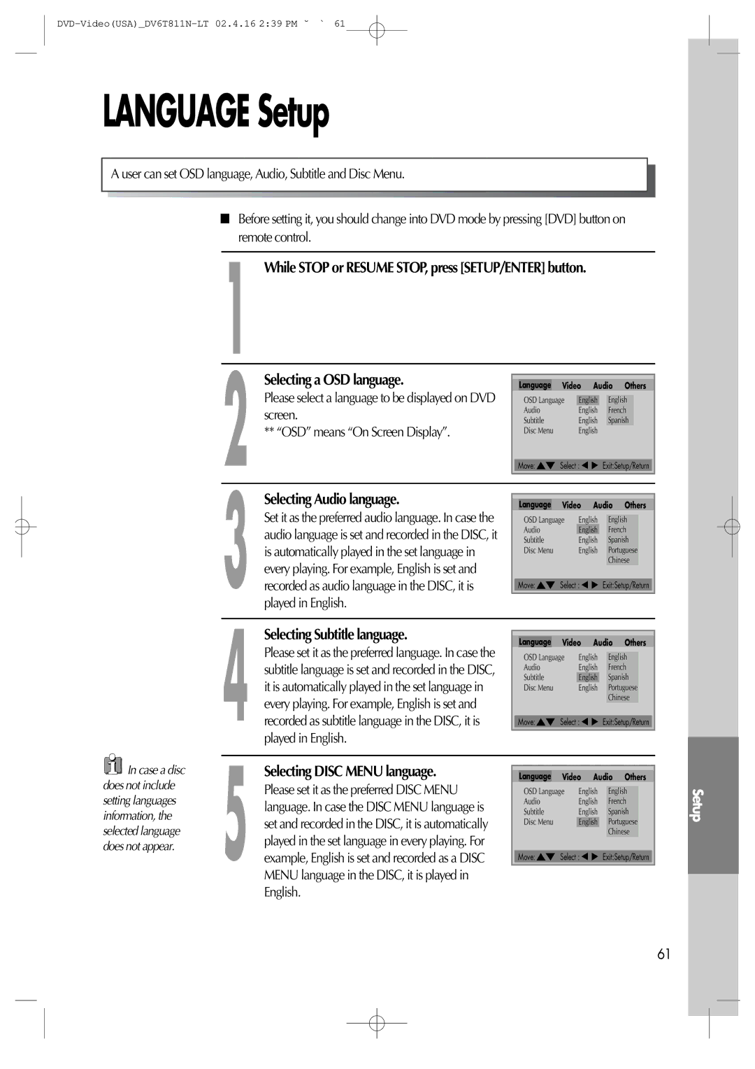Daewoo DV6T811N Language Setup, Selecting a OSD language, Selecting Audio language, Selecting Subtitle language 