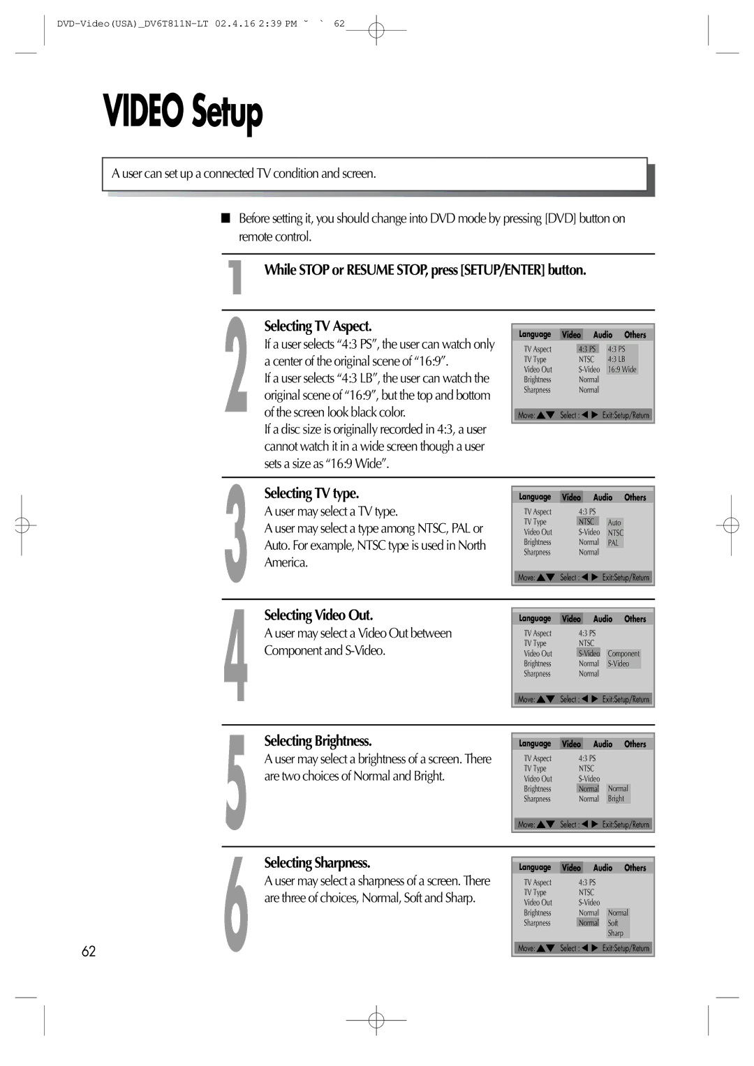 Daewoo DV6T811N owner manual Video Setup, Selecting TV type, Selecting Video Out, Selecting Brightness, Selecting Sharpness 
