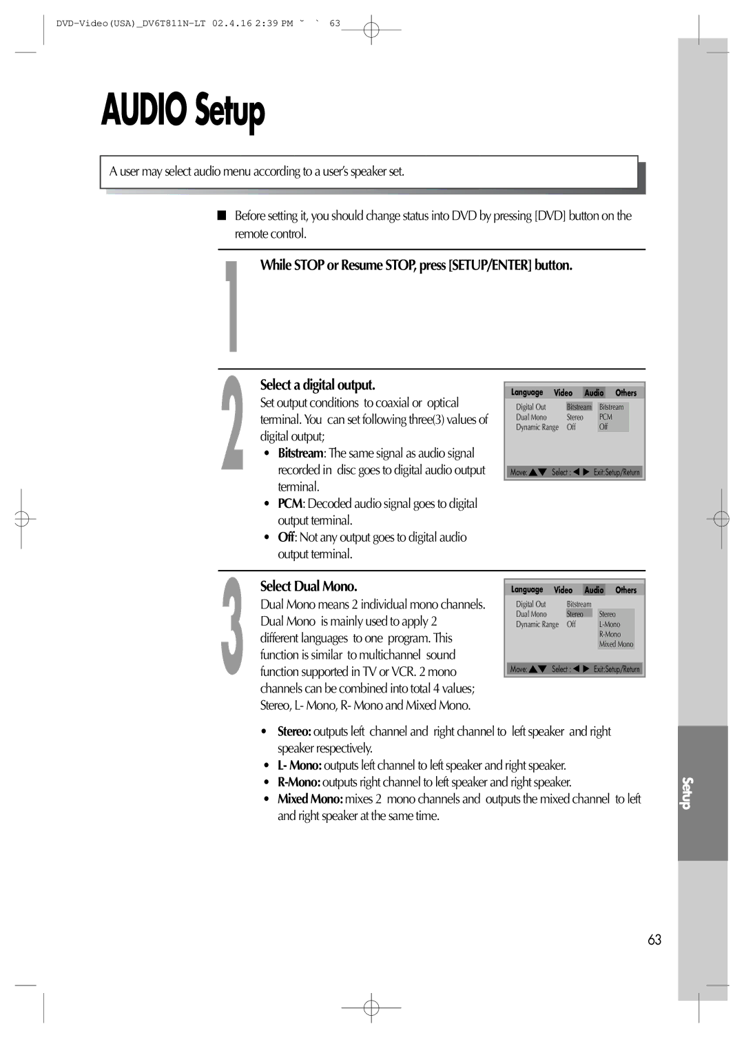 Daewoo DV6T811N owner manual Audio Setup, Select a digital output, Select Dual Mono, Digital output 