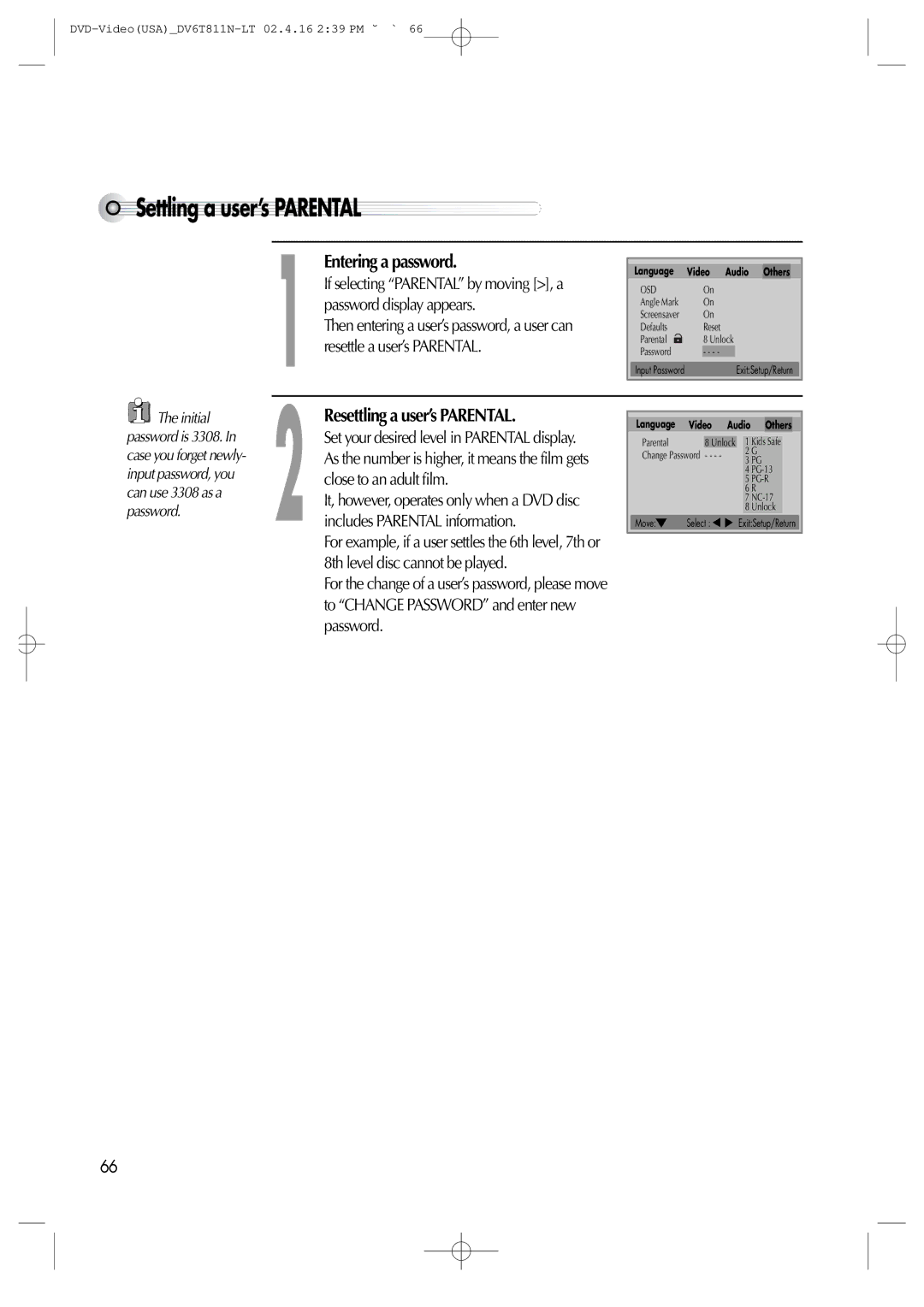 Daewoo DV6T811N owner manual Settling a user’s Parental, Entering a password, Resettling a user’s Parental 