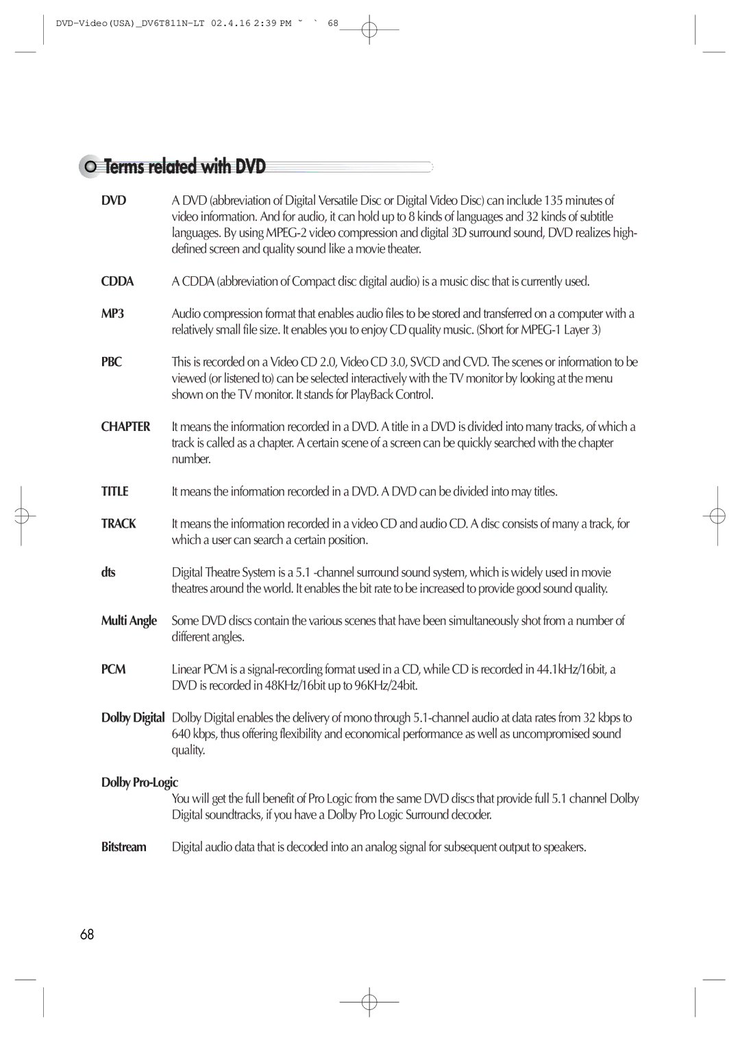 Daewoo DV6T811N owner manual Terms related with DVD, Dts, Dolby Pro-Logic 