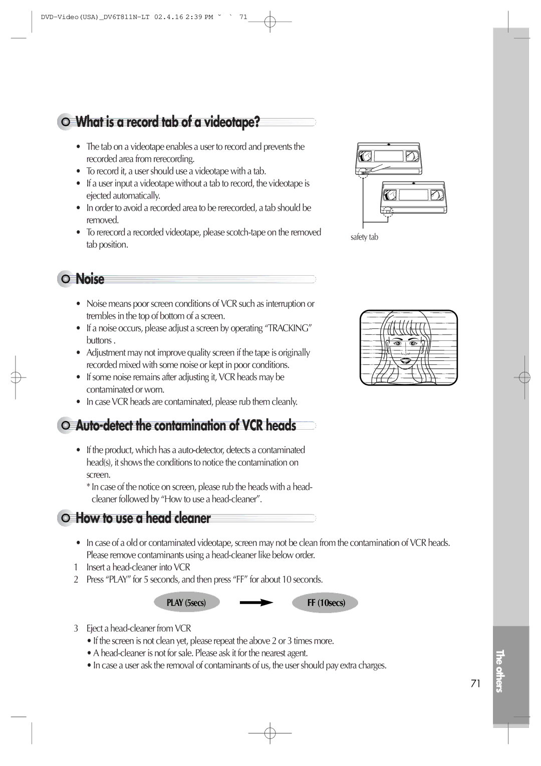 Daewoo DV6T811N What is a record tab of a videotape?, Noise, Auto detect the contamination of VCR heads, Play 5secs 