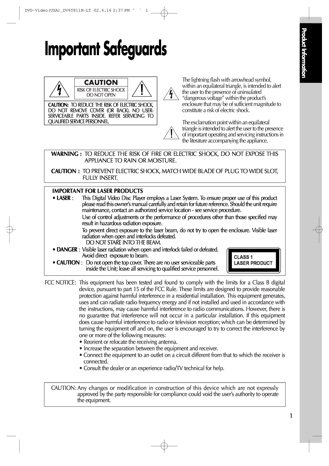 Daewoo DV6T811N owner manual Important Safeguards, Important For Laser Products, Avoid direct exposure to beam 