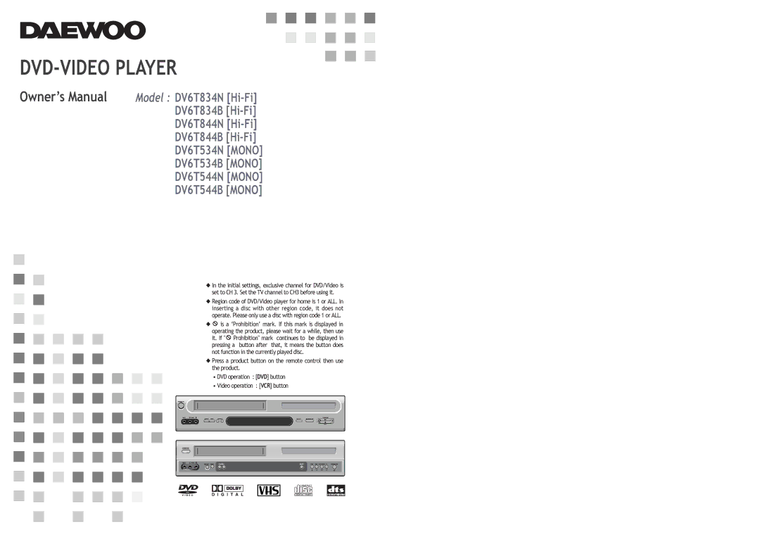 Daewoo DV6T534B, DV6T844B, DV6T534N, DV6T834N, DV6T544N, DV6T844N, DV6T834B, DV6T544B manual DVD-VIDEO Player 