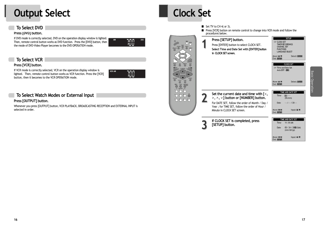 Daewoo DV6T834N, DV6T844B Output Select, Clock Set, To Select DVD, To Select VCR, To Select Watch Modes or External Input 