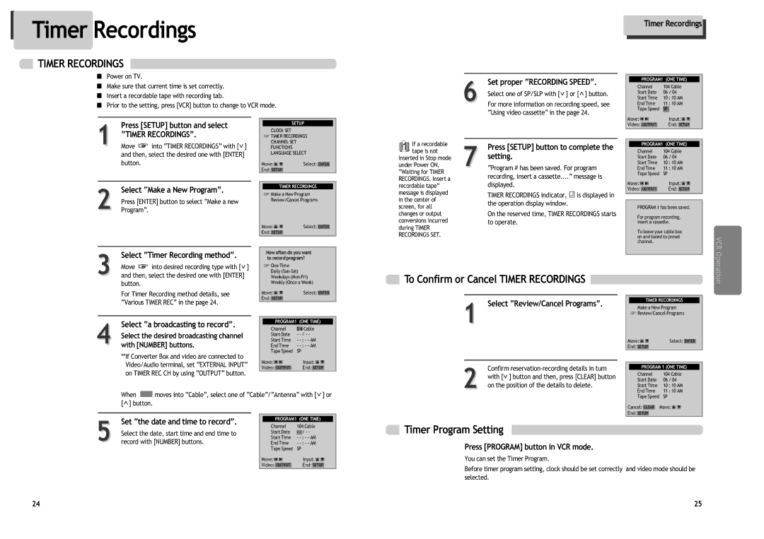 Daewoo DV6T544B, DV6T844B, DV6T534B, DV6T534N, DV6T834N manual To Confirm or Cancel Timer Recordings, Timer Program Setting 