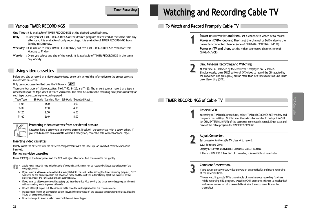 Daewoo DV6T844B, DV6T534B, DV6T534N Various Timer Recordings, Using video cassettes, To Watch and Record Promptly Cable TV 