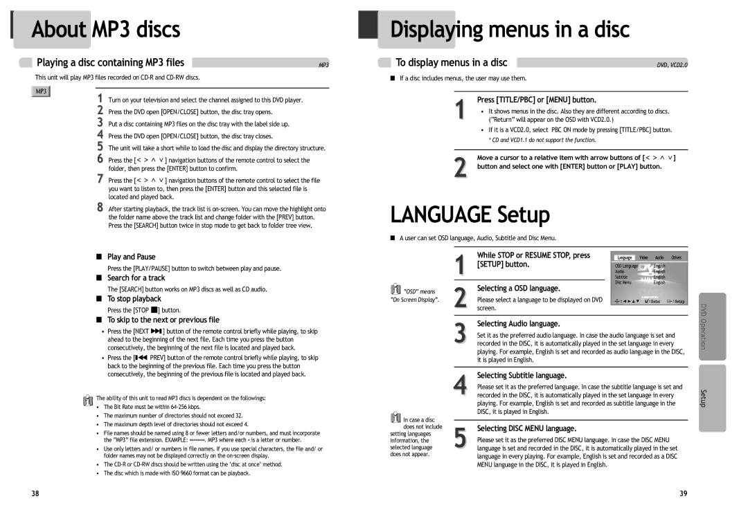 Daewoo DV6T834B, DV6T844B, DV6T534B, DV6T534N, DV6T834N, DV6T544N About MP3 discs, Displaying menus in a disc, Language Setup 