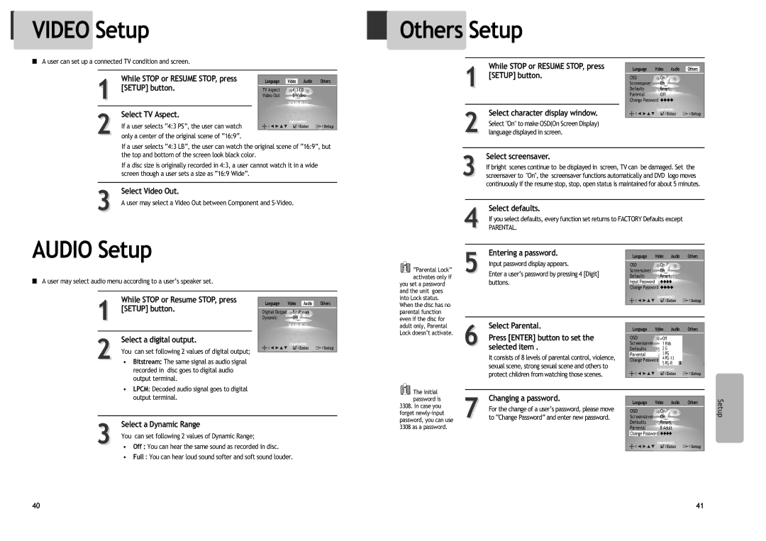 Daewoo DV6T544B, DV6T844B, DV6T534B, DV6T534N, DV6T834N, DV6T544N, DV6T844N, DV6T834B manual Video Setup Others Setup, Audio Setup 