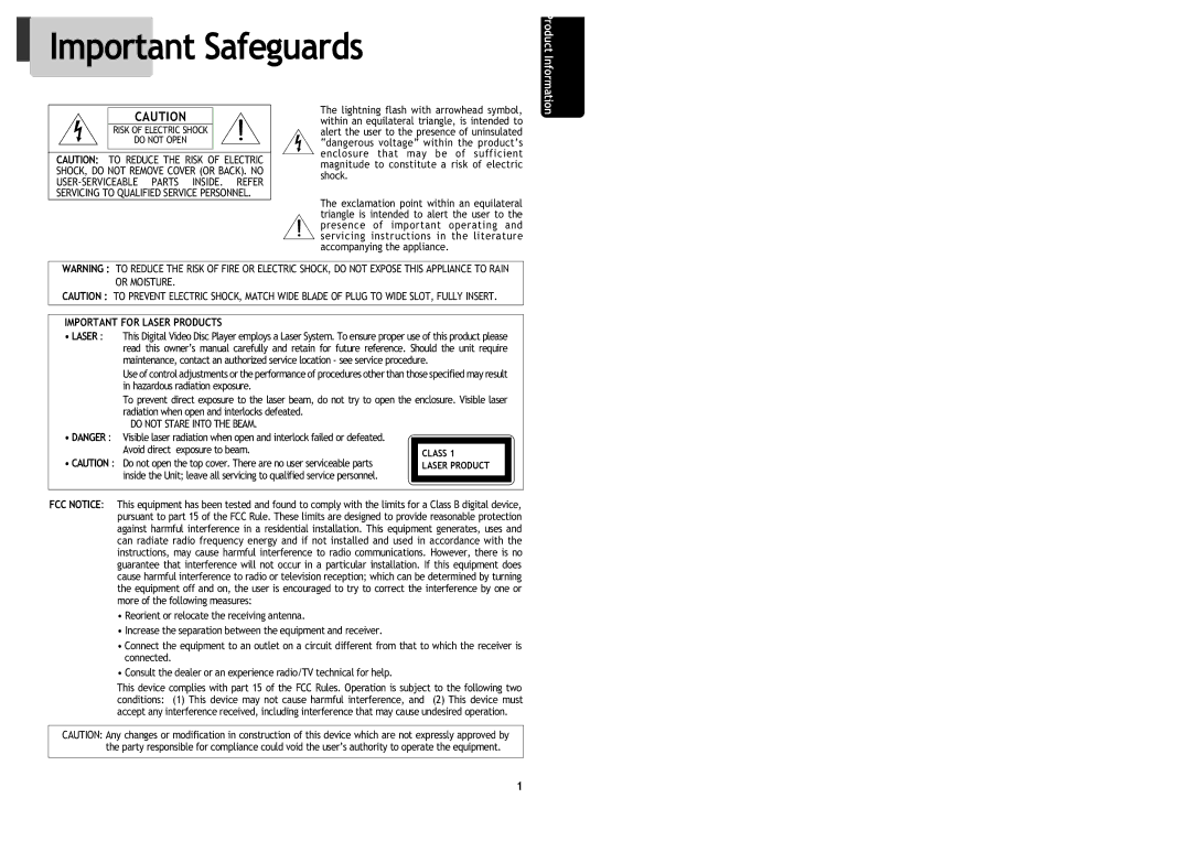 Daewoo DV6T834N, DV6T844B, DV6T534B, DV6T534N, DV6T544N, DV6T844N, DV6T834B Important Safeguards, Avoid direct exposure to beam 