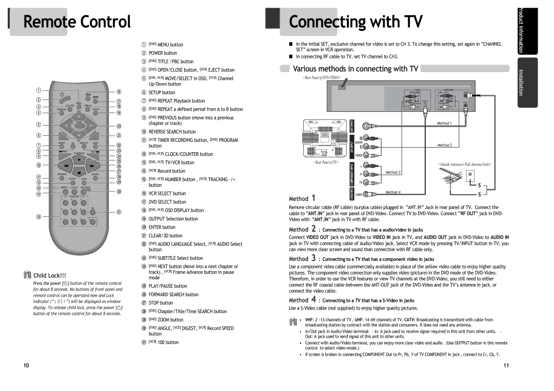 Daewoo DV6T844B, DV6T534B, DV6T534N Remote Control, Connecting with TV, Various methods in connecting with TV, Child Lock 