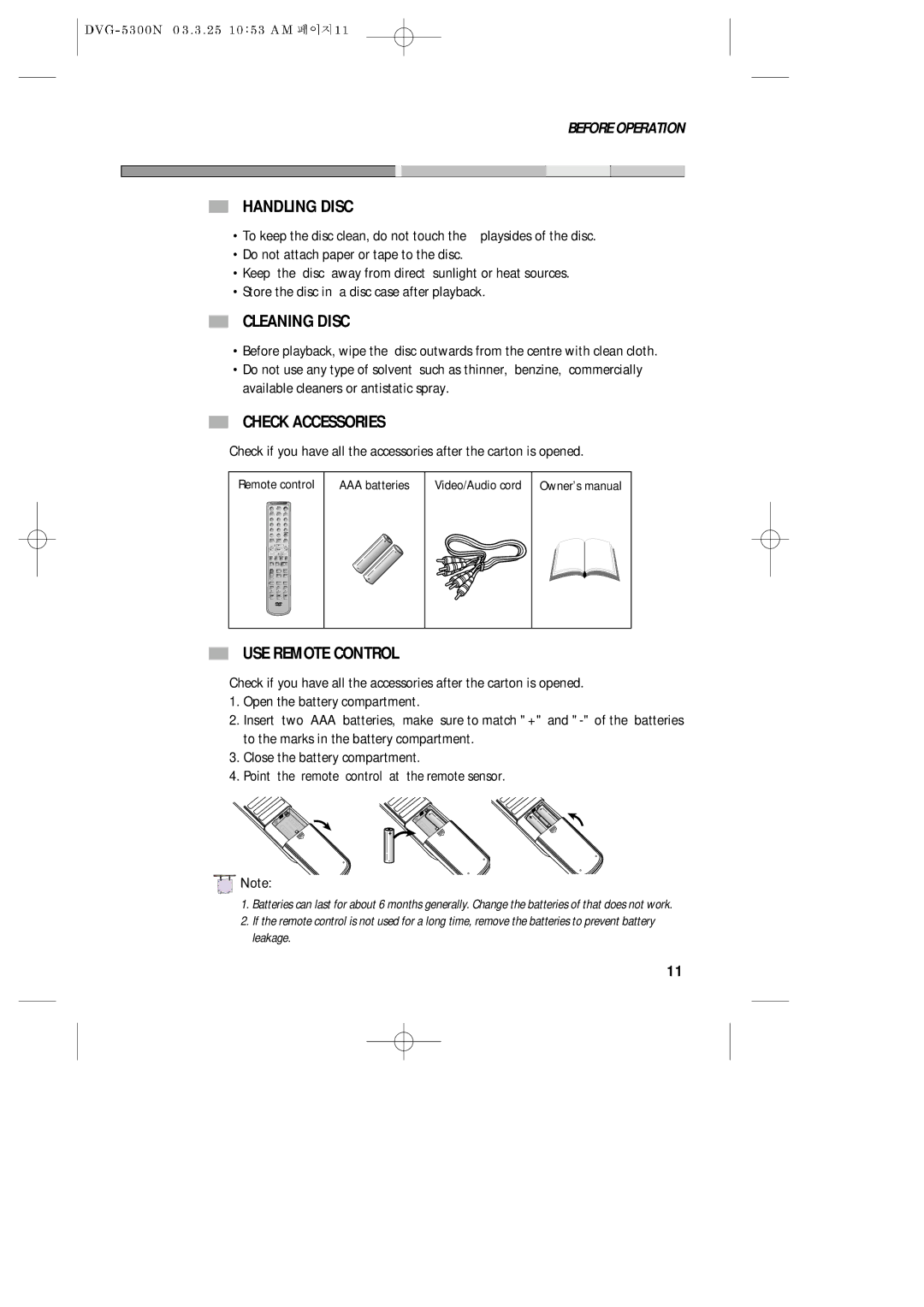 Daewoo DVG - 8400N, DVG - 5300N service manual Handling Disc, Cleaning Disc, Check Accessories, USE Remote Control 