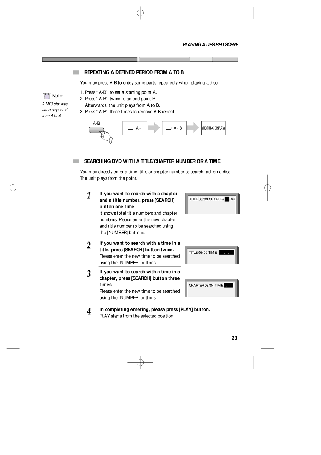 Daewoo DVG - 8400N Repeating a Defined Period from a to B, Searching DVD with a TITLE/CHAPTER Number or a Time 