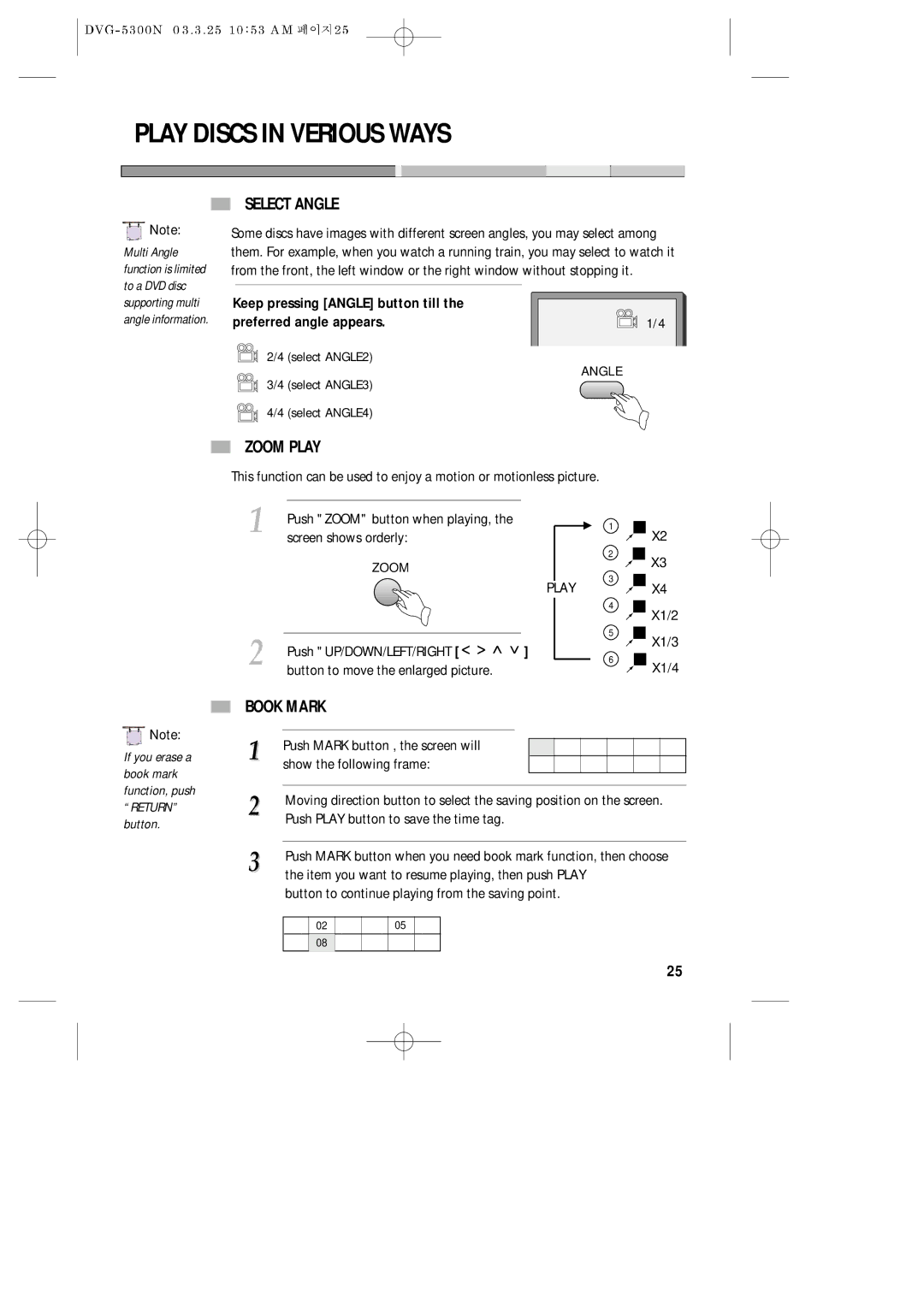 Daewoo DVG - 8400N, DVG - 5300N service manual Play Discs in Verious Ways, Select Angle, Zoom Play, Book Mark 