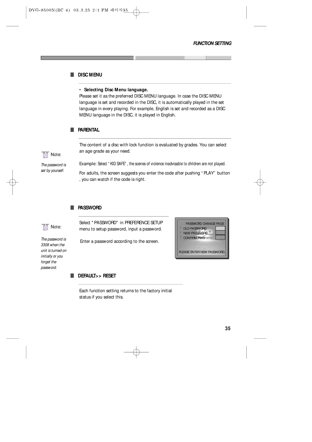 Daewoo DVG - 8400N, DVG - 5300N service manual Disc Menu, Enter a password according to the screen 