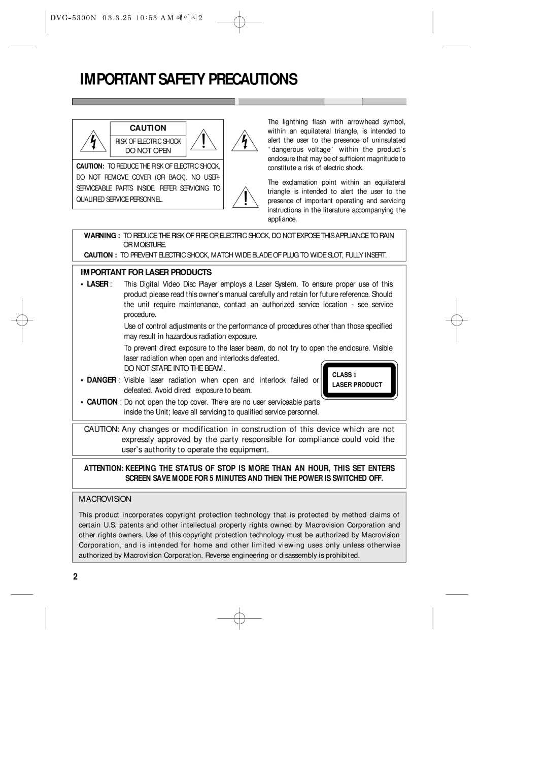 Daewoo DVG - 5300N, DVG - 8400N service manual Important Safety Precautions, Important for Laser Products 