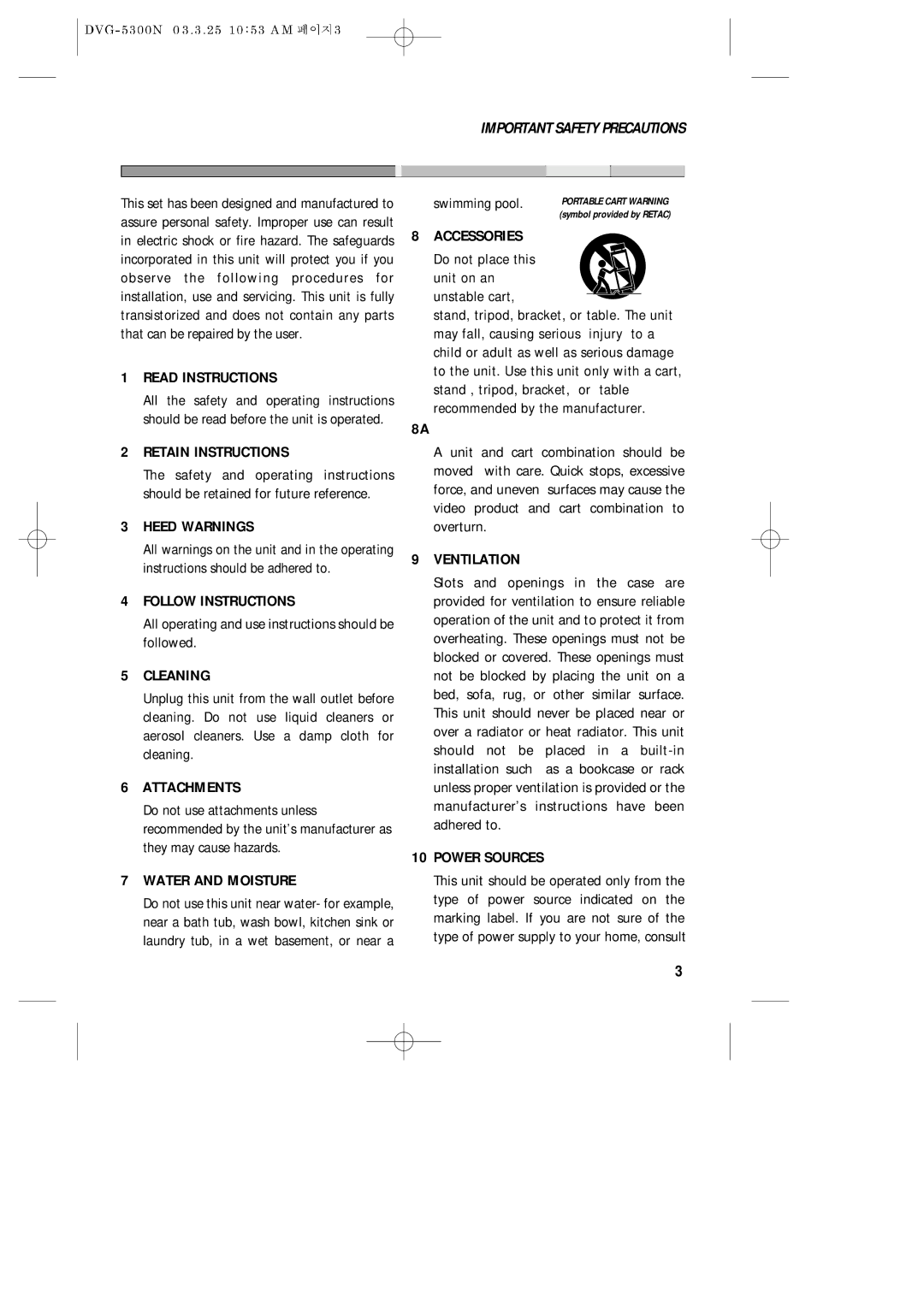 Daewoo DVG - 8400N Read Instructions, Retain Instructions, Heed Warnings, Follow Instructions, Cleaning, Attachments 