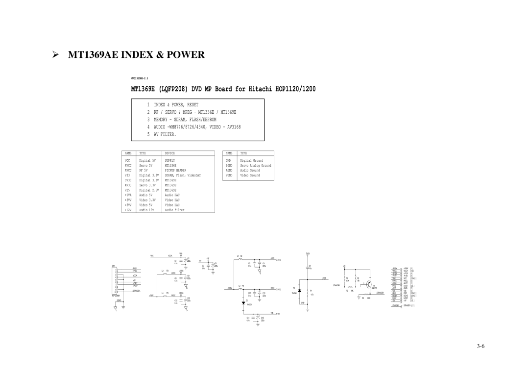 Daewoo DVG - 8400N, DVG - 5300N service manual MT1369AE Index & Power, MT1369E LQFP208 DVD MP Board for Hitachi HOP1120/1200 