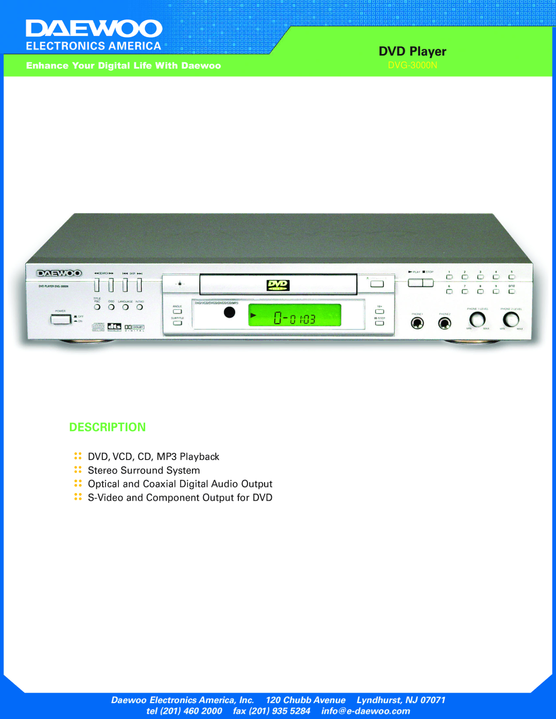 Daewoo DVG-3000N manual DVD Player, Description 